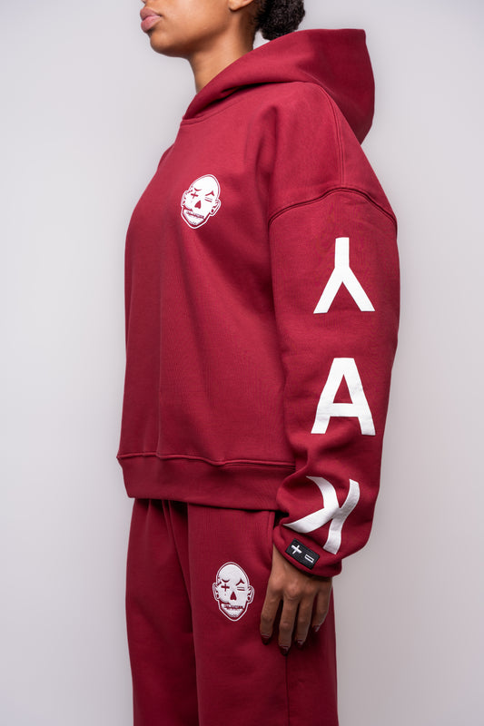 yak burgundy red hoodie with white puff print details 