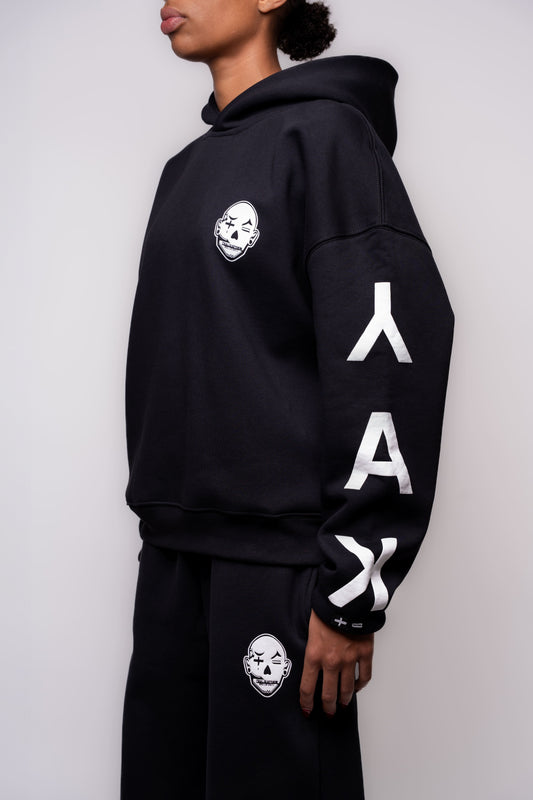 y.a.k black cotton boxy fit hoody with white puff print detail