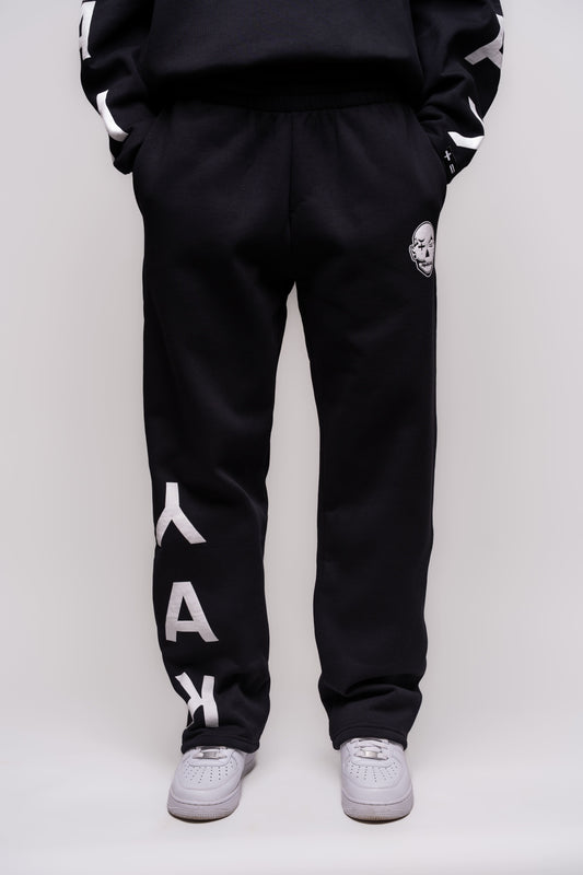 black yak straight leg jogger with white puff print logo details