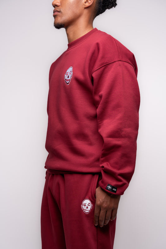 burgundy red crewneck with white embroidery details 