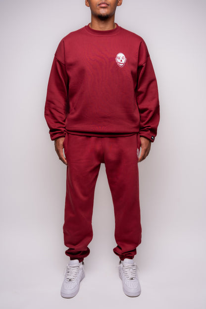 yak burgundy tracksuit with white embroidery details