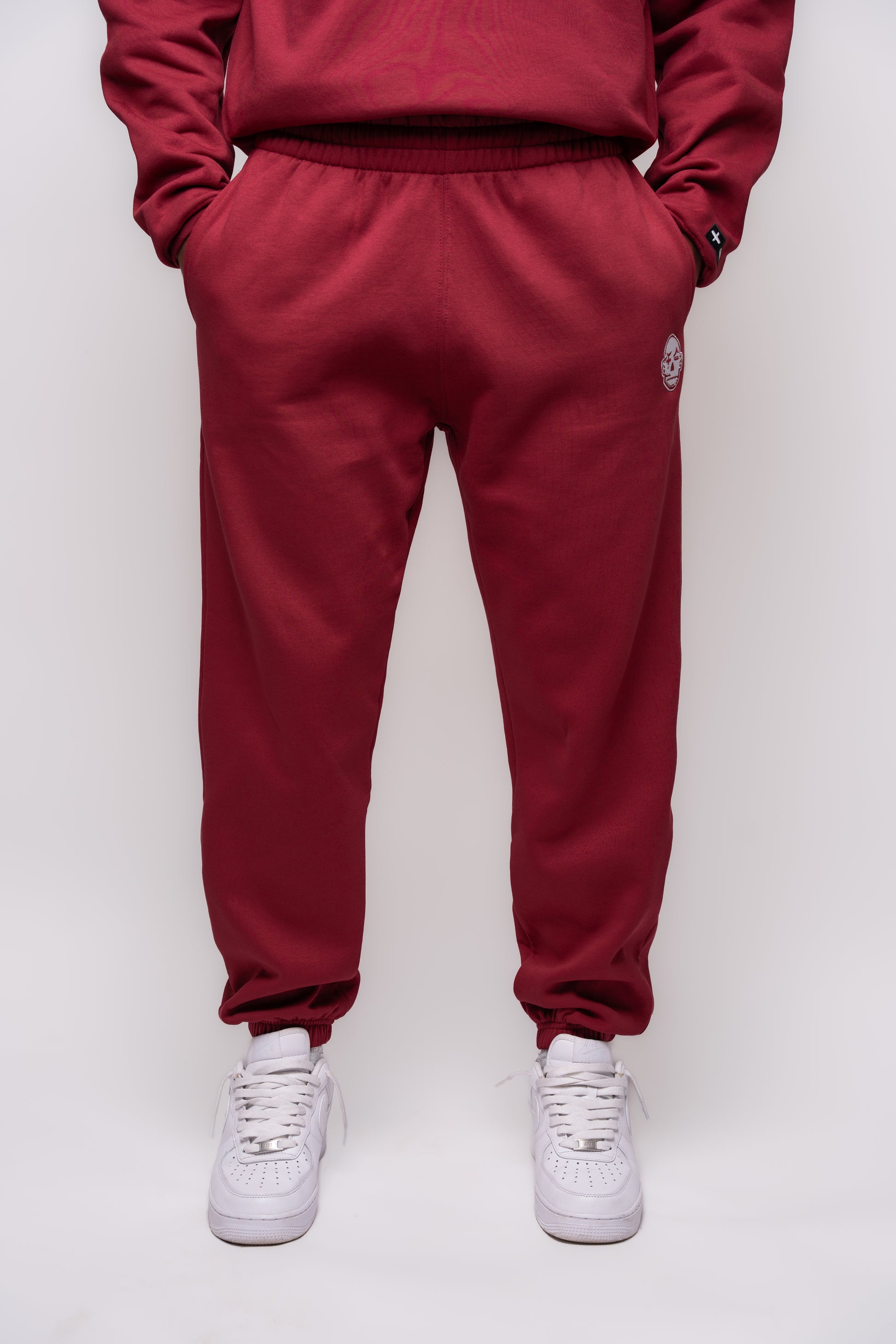 yak burgundy jogger with white embroidery details 